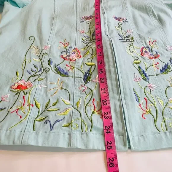 Quacker Factory Aqua Blue Floral Multicolor Embroidery Mock Neck Jacket Women 1X - Picture 14 of 14